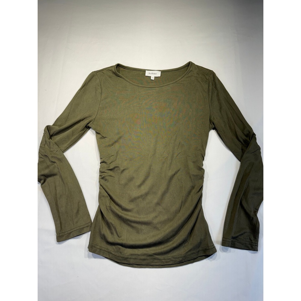 Bohme Womens Olive Green Ruched Side Long Sleeve Grunge Minimalist Size M